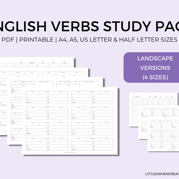 English Verb Practice | Landscape Horizontal | Verb Study and Practice Pack | Conjugation Tables | Templates | Printable | Digital Download
