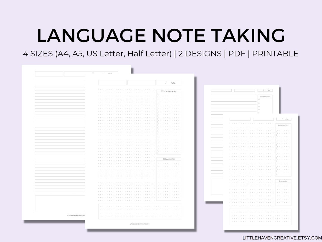 Language Note Taking Template | Lined & Dotted | 4 Sizes | A4, A5, US ...