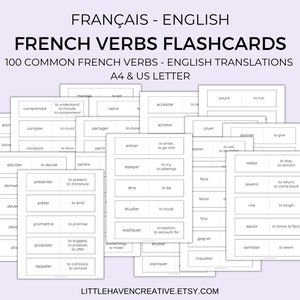 100 Flashcards de verbos franceses comuns | Modelos de flashcards em branco | Aprendizagem de línguas | Hacks franceses | Imprimível | Download digital