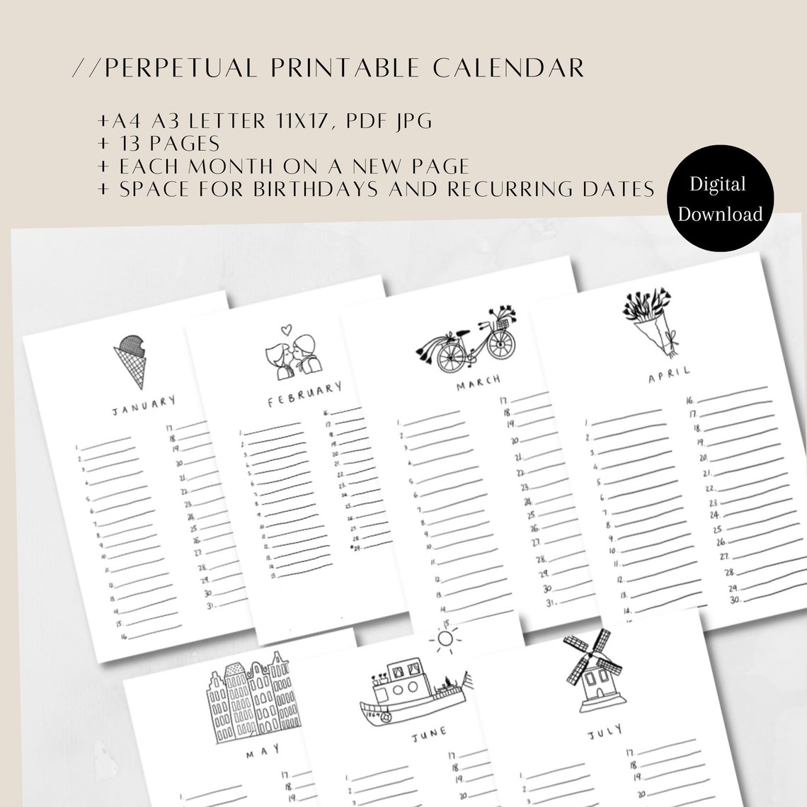 A4 Size Printable Calendar Minimalistic Hand-illustrated /PRINTABLE ...
