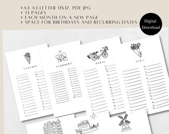 A4 size Printable Calendar Minimalistic hand-illustrated /PRINTABLE/ perpetual birthday calendar/wall planner