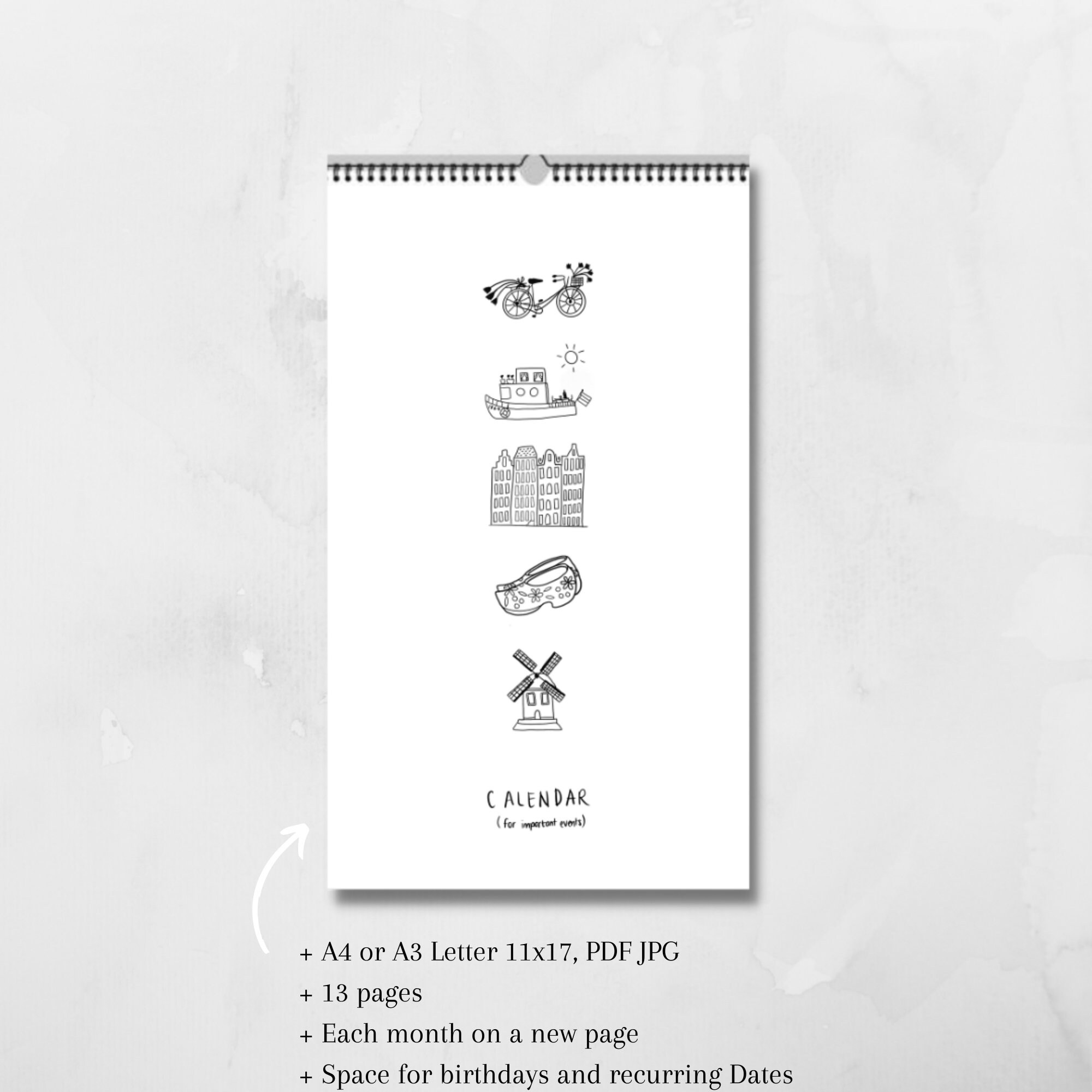 A4 Size Printable Calendar Minimalistic Hand-illustrated /PRINTABLE ...