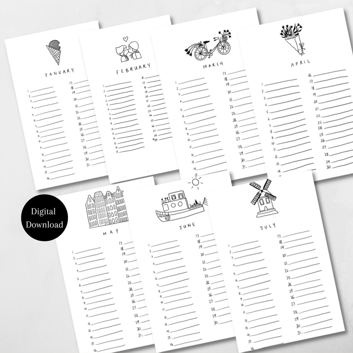 A4 Size Printable Calendar Minimalistic Hand-illustrated /PRINTABLE ...