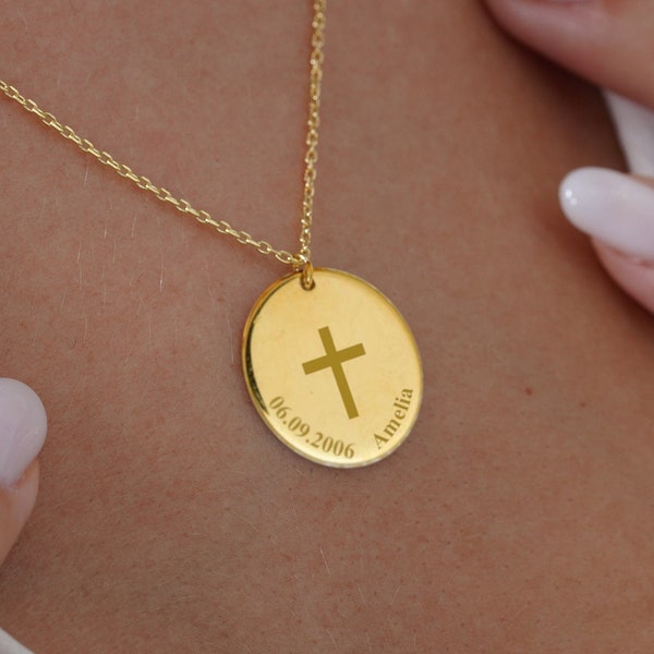 14K Gold Cross Disc Necklace, Religious Necklace, Custom Design Disc, Engraved Cross Charm,Symbol Sign Disc,Christmas Gift,Necklace for Wife