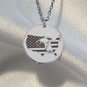 USA Map with Eagle Necklace, American Flag & Eagle Jewelry, United States Necklace, 14K Solid Gold Flag Necklace, 925K Silver USA Flag Map