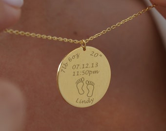 Personalized Baby Stats Necklace, 14K Solid Gold  Baby Birth Necklace,  New Mom Necklace, Baby Shower Gift, Baby Announcement Gift Pregnant