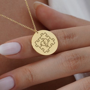 Puzzle Pieces Necklace with Initial, Personalized 14k Gold Autism Necklace, Autism Awareness Jewelry, Autism Support Gift, Autism Mother