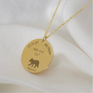 Baby Geburtsurkunde Halskette mit Bärenjunges, Personalisierte Baby Geburtsurkunde Halskette mit Kinder Namen, Silber Baby Ankündigung Geschenk, Neue Mama Bär