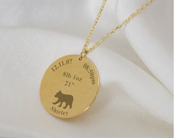 Baby Birth Necklace with Bear Cub, Personalized Baby Birth Certificate Necklace with Kids Name, Silver Baby Announcement Gift, New Mama Bear