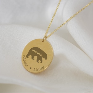 Mama Bear Necklace Personalized 14K Solid Gold Kids Name Necklace, New Mom Gift, Silver Necklace, Mom Birthday Gift Baby Shower Gift Easter