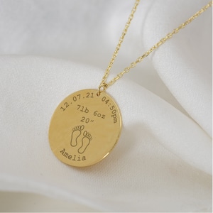 14k Solid Gold Birth Stats Halskette, Benutzerdefinierte Baby-Geburtsschmuck, Baby-Taufgeschenk, neue Mutter, Halskette, Geschenk für Frau, Baby-Dusche-Geschenk