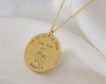 14k Solid Gold Birth Stats Necklace, Custom Baby Birth's Jewelry,  Baby Baptism Gift, New Mom To Be Necklace, Gift for Wife,Baby Shower Gift