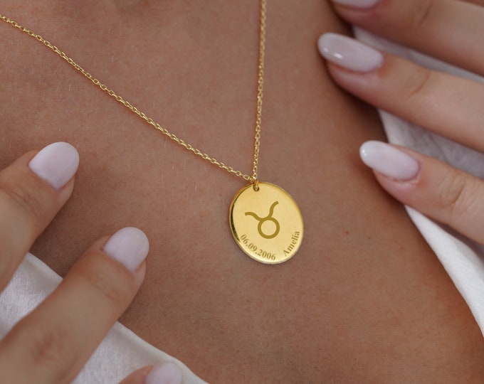 Taurus Necklace, Zodiac Necklace, Constellation Necklace, Birthstone Necklace, Personalized Christmas Gift for Girlfriend, 14K Gold Necklace