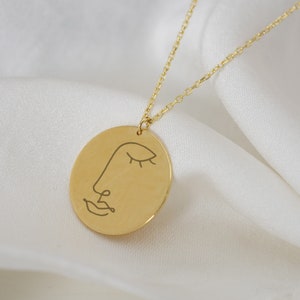 Collier visage féminin pour femmes, collier visage abstrait femme en or 14 carats, silhouette visage femme, collier visage femme, cadeau féministe Pâques