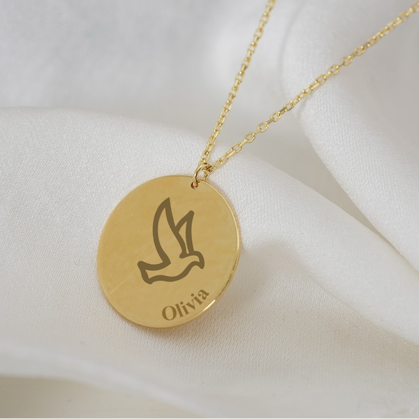 14k Solid Gold Dove Necklace, Personalized Dove Pendant, Dainty Dove Charm Jewelry, Peace Dove Bird Necklace Dove Disc Necklace Gift for Mom