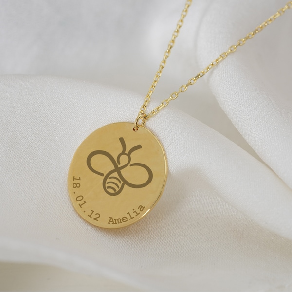 Minimalist Honey Bee Necklace, Queen Bee Necklace Gift for Moms, Girlfriends, Wives or Bee Lovers, 14K Gold Sterling Silver Gold Coin Charm
