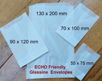 ECO-FRIENDLY Glassine Bags Envelopes Packets,  Four Sizes! weddings, stamp etc. Can be printed on for personal message etc.