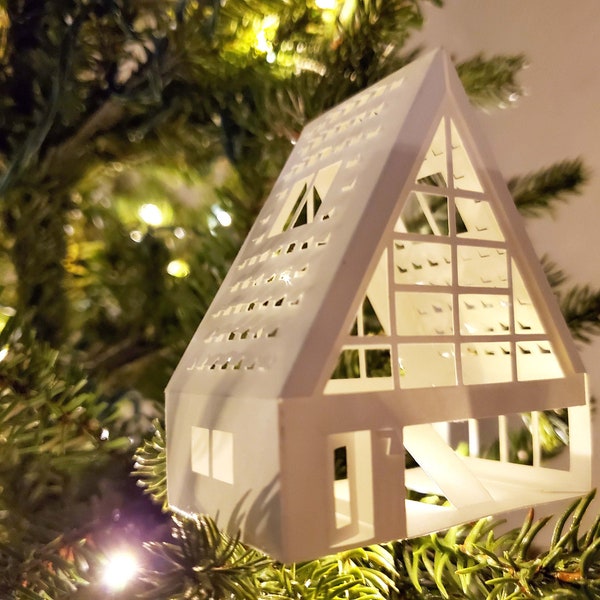 3D Paper House SVG, A-Frame Cabin with Stair, Holiday Ornament and Decor