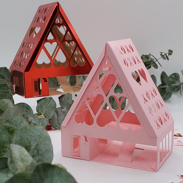 3D Paper Heart House SVG, A-Frame Cabin with Stair, Ornament and Decor