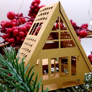 Maison en papier 3D SVG, cabine A-Frame avec pont, ornement de vacances et décor