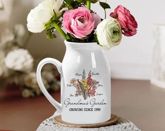 Vase de fleurs personnalisé pour grand-mère, cadeau de fête des mères pour grand-mère, vase de fleurs personnalisé pour le mois de naissance, jardin de grand-mère avec nom de petits-enfants