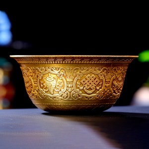 Offering Bowl Decorated with Exquisitely Carved Eight Auspicious Fine Quality Pure Brass Water Offering Eight Offerings Cup