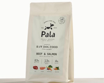 Nourriture crue pour chiens, LIVRAISON GRATUITE 1 kg 100 % naturelle de bœuf et de saumon nourriture crue Nordic Pala pour chiens, 1 kg de haute qualité, nourriture crue séchée à l'air libre, recette 3