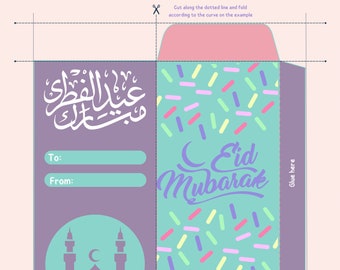 May include: Printable Eid Mubarak envelope template with a light pink, purple, and green color scheme. The envelope features a mosque, confetti, and the text "Eid Mubarak" in Arabic and English.