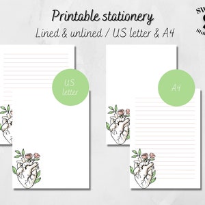 Hearts printable writing paper, downloadable heart design paper, pastel heart stationery, flowery heart paper US letter and A4 PDF