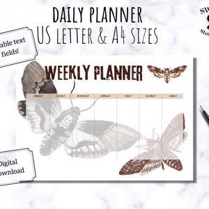 Paisaje imprimible del planificador semanal, horario semanal de la polilla de la cabeza de la muerte, planificador de escritorio de polilla, carta de EE. UU. y PDF A4, planificador semanal de cottagecore