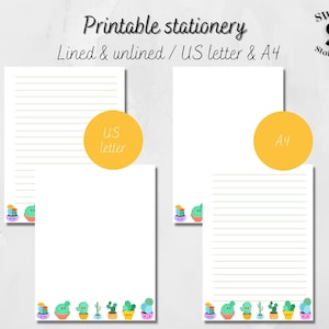 Papel de escritura de cactus, papelería suculenta, papel de diseño de cactus descargable, papelería de cactus kawaii, papel de cactus kawaii, carta de EE. UU. y PDF A4