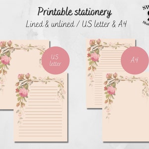 Papel imprimible de rosas, papelería de rosas imprimible, papelería de rosas pastel, papelería de rosas elegante, papel de notas de enrejado de rosas, carta de EE. UU. y A4