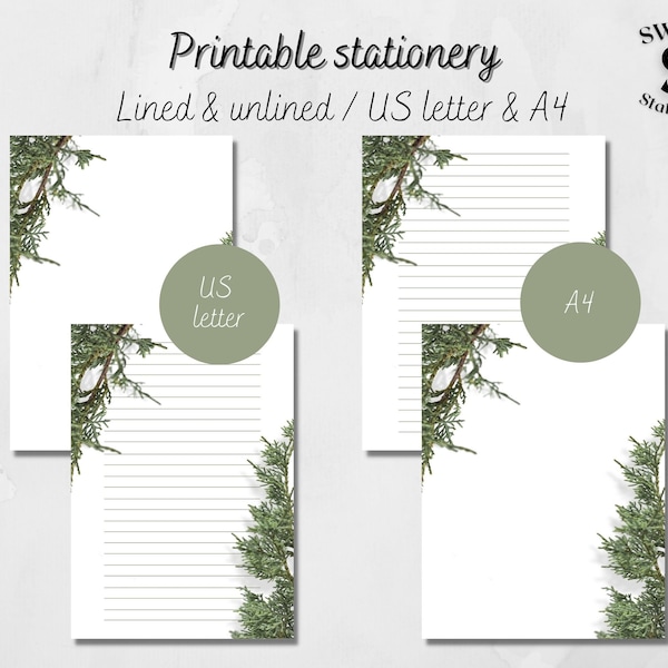 Pine branch writing paper, printable letter paper, downloadable note paper, printable letterhead, US letter and A4, evergreen notepaper