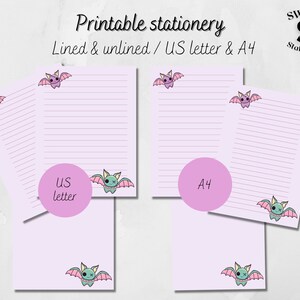 Bat stationery, cute bat note paper, kawaii bat stationery, bat stationary, printable bat paper, US letter and A4 PDF, teen purple bat paper