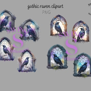 May include: Six digital illustrations of gothic raven clipart. Each image features a raven perched on a windowsill inside a gothic archway with stained glass windows. The background is a watercolor wash of purple, blue, and yellow.