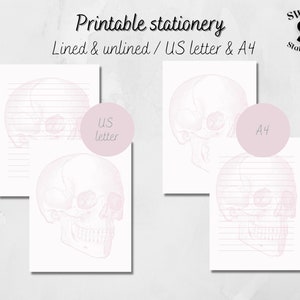 Skull printable writing paper, downloadable pastel pink skull paper, skull stationery, pastel skull paper US letter and A4 PDF