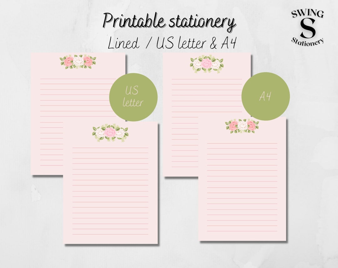 Roses Printable Writing Paper, Downloadable Pink Rose Note Paper, Pink ...