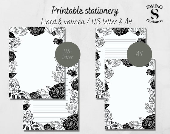 Black and White Roses Printable Writing Paper Printable | Etsy
