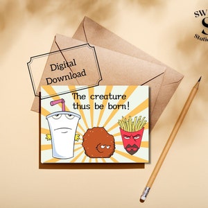 Tarjeta imprimible de ATHF, tarjeta imprimible de Aqua Teen Hunger Force, tarjeta imprimible de Master Shake, tarjeta de Meatwad, tarjeta de cumpleaños de Frylock, tarjeta de cumpleaños divertida