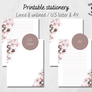 Papel de escritura imprimible en flor de cerezo, papel de carta imprimible, papel de notas descargable, membrete imprimible, carta de EE. UU. y A4