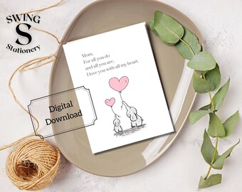 Cute mother's day card, elephant mom card, printable mother's day, kawaii elephant mom card, I love my mom, mom day card, for all you do mom