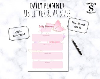 May include: A printable daily planner with a pink and white butterfly design. The planner has sections for morning, afternoon, evening, and night tasks. The text "Daily Planner" is at the top of the page. The text "Date" is below the title. The text "Morning Task", "Afternoon Task", "Evening Task", and "Night Task" are in the boxes below the date.