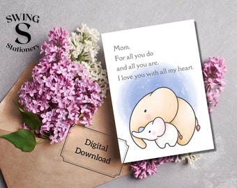 Cute mother's day card, elephant mom card, printable mother's day, kawaii elephant mom card, I love my mom, mom day card, for all you do mom