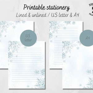 Papel de carta imprimible con copos de nieve, papel de notas descargable, papelería con copos de nieve de invierno, papel de carta imprimible, papel con membrete descargable