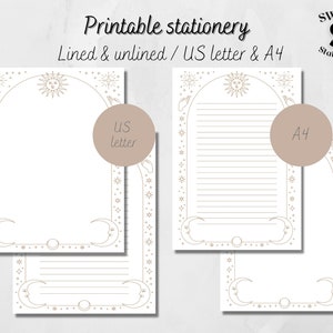 May include: Printable stationery set with a celestial theme. The set includes lined and unlined paper in both US letter and A4 sizes. The design features a sun, moon, and stars.