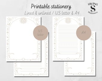 Celestial printable writing paper, printable sun and moon, downloadable note paper, printable letterhead moon and stars, US letter and A4