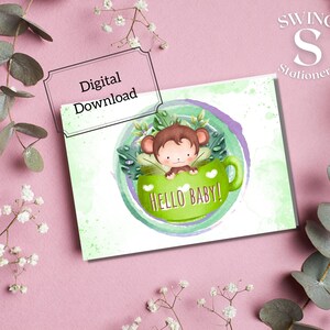 Welkom afdrukbare babykaart, babyshowerkaart, nieuwe babykaart, afdrukbare babyaapkaart, nieuwe ouderkaart, genderneutrale Hallo babykaart
