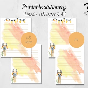 Llama printable writing paper, downloadable alpaca note paper, llama stationery, printable alpaca paper, US letter and A4 PDF, cute llamas