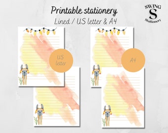 Llama printable writing paper, downloadable alpaca note paper, llama stationery, printable alpaca paper, US letter and A4 PDF, cute llamas