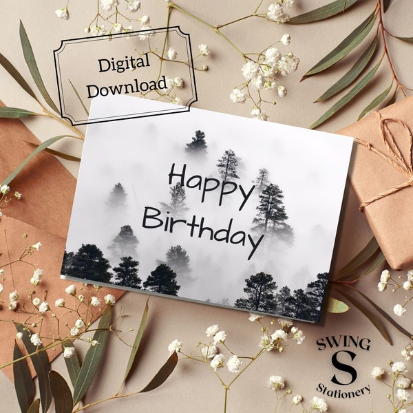 Printable  black and white card, Monochrome birthday printable, masculine birthday card, minimalistic birthday card, scenic birthday card